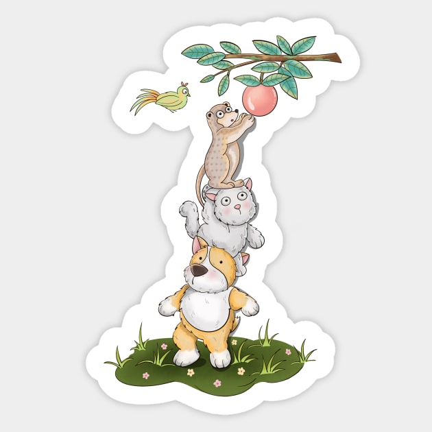 Dog, Cat, and Meerkat Work Together To Get An Apple Sticker by Athikan